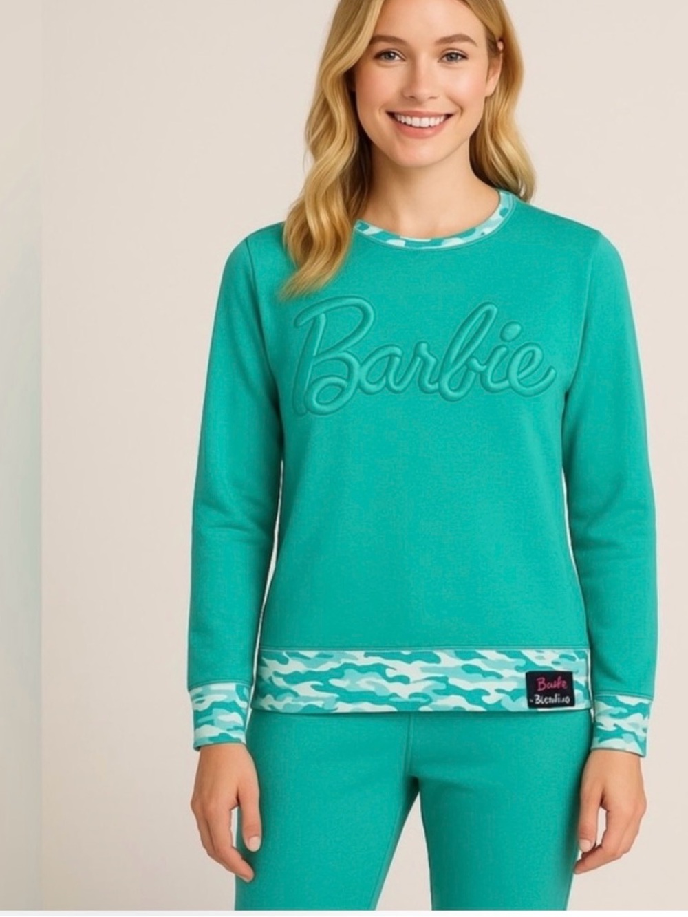 Barbie Teal Crewneck Sweater with Camouflage Trim